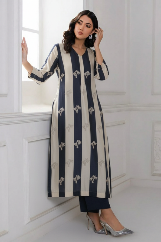 Formé – Ivory & Navy Silver Palm Cotton Silk Set