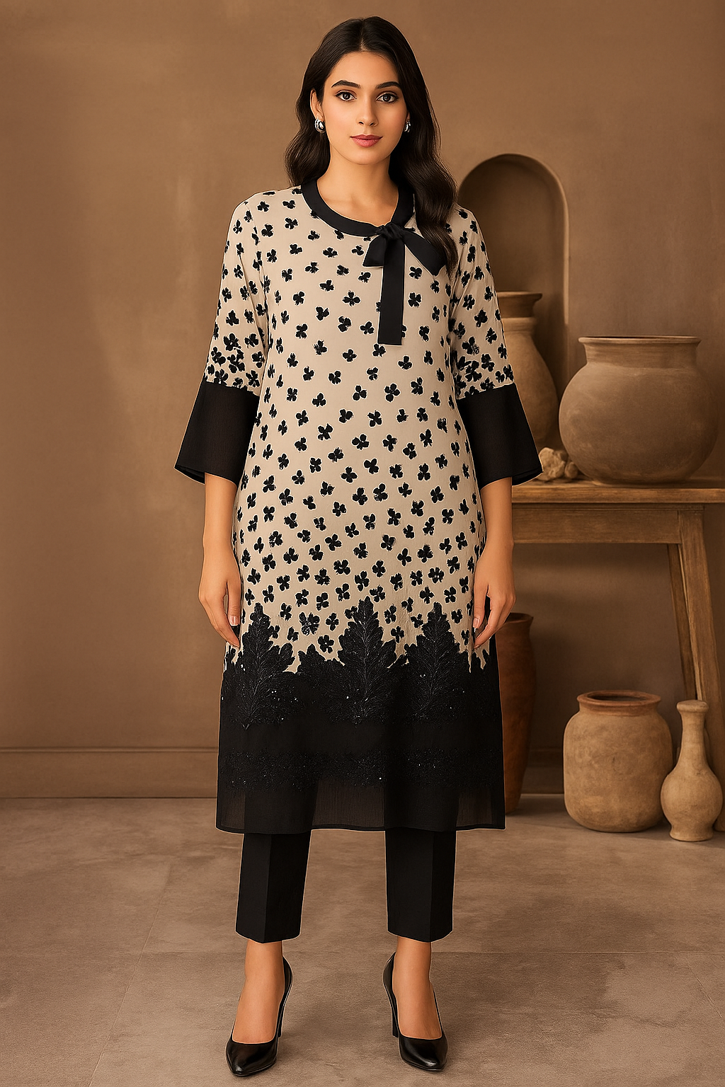 Black & White Crepe Floral Suit with Ribbon