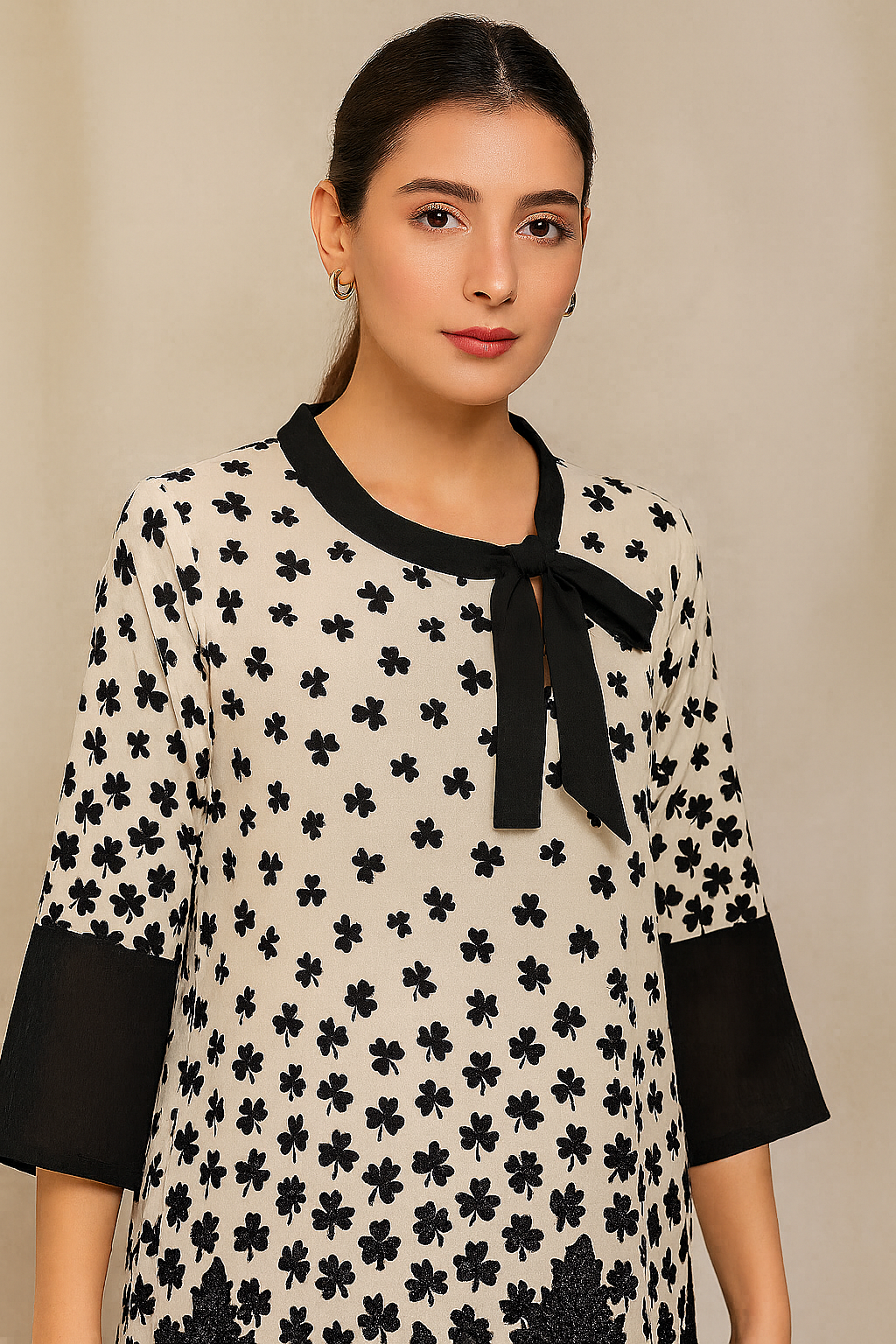 Black & White Crepe Floral Suit with Ribbon