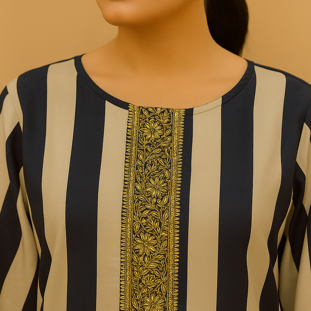 Ivory & Navy Blue Cotton Silk Striped