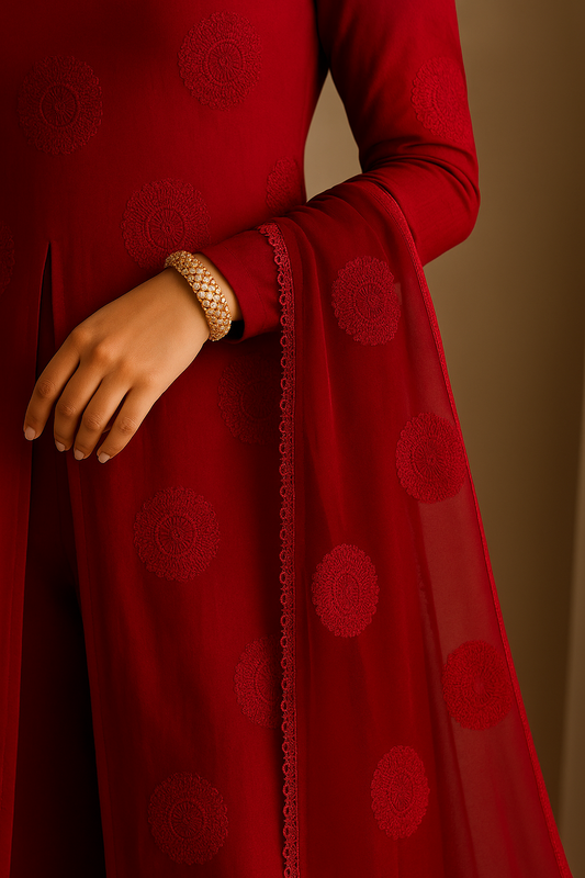 Deep Red Self-Embroidered Chiffon