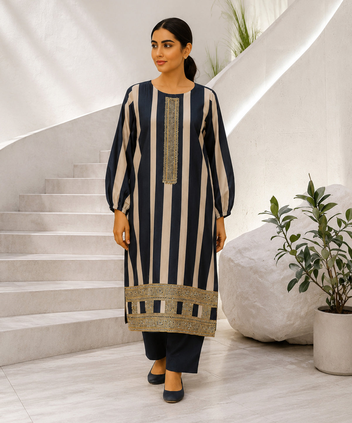 Ivory & Navy Blue Cotton Silk Striped
