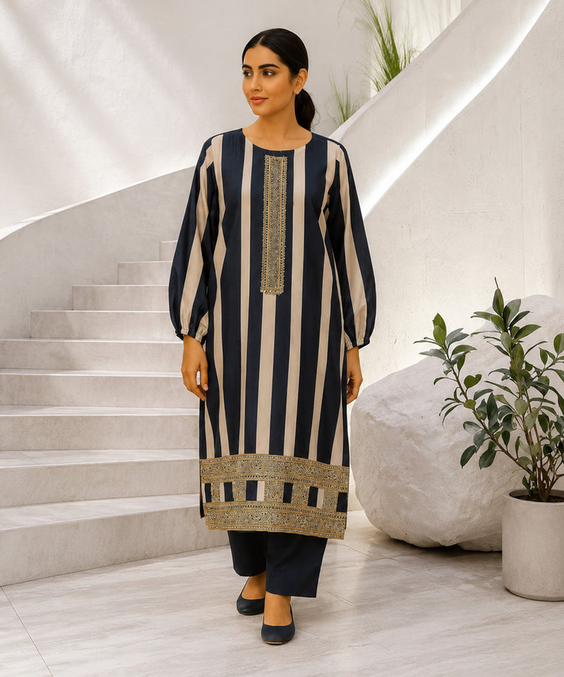 Ivory & Navy Blue Cotton Silk Striped