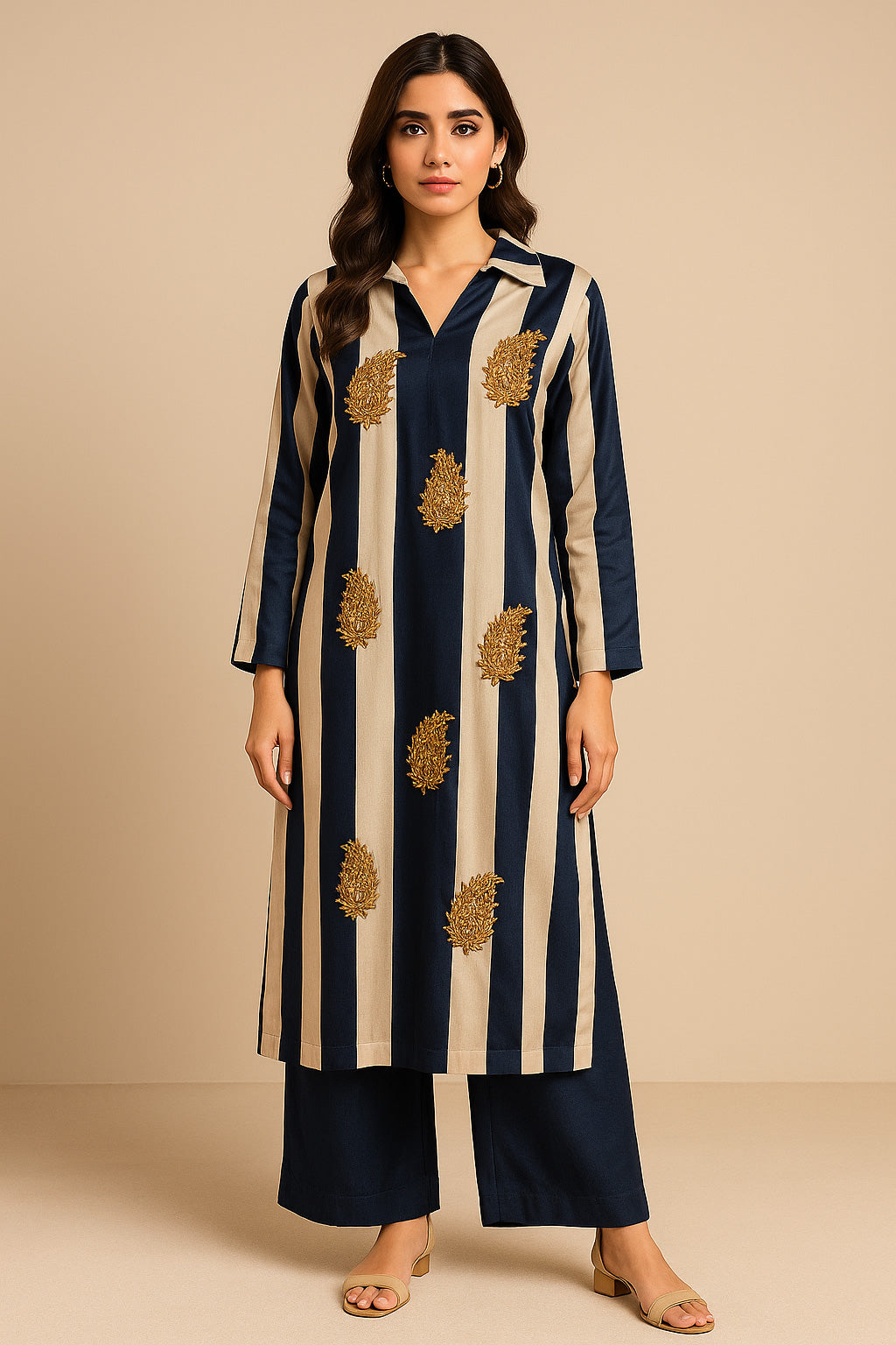 Formé – Ivory & Navy Blue Cotton Silk Set
